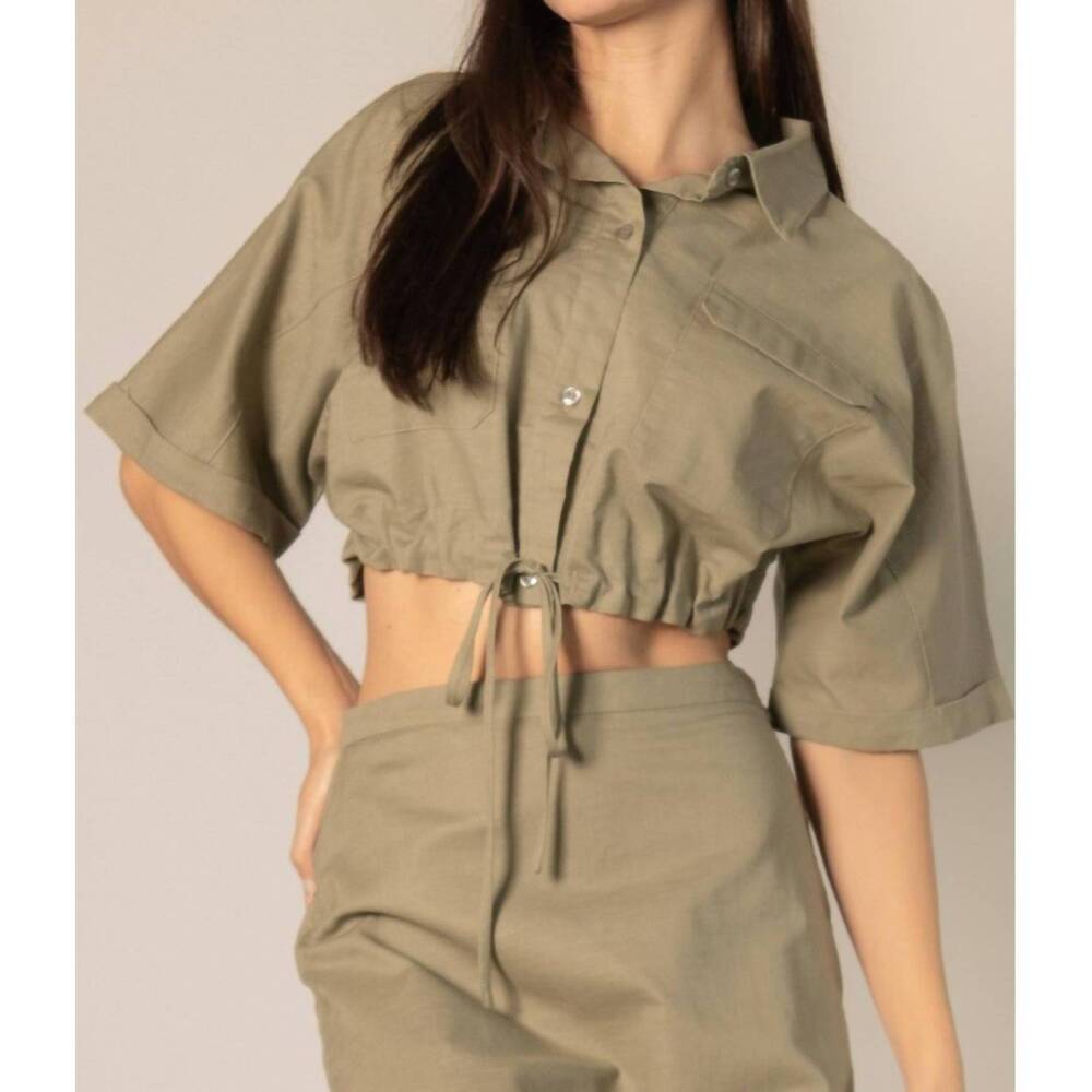 NEW BEFORE YOU COLLECTION brynlee linen blend drawstring top in khaki